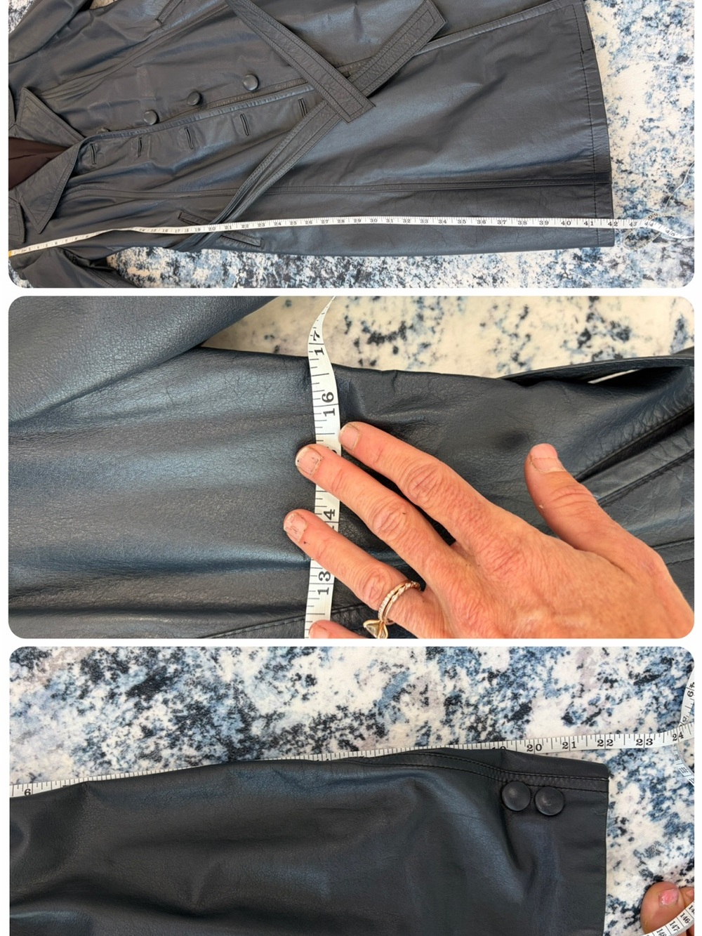 Vintage Navy Leather Belted Trench Coat Long Minimalist - Picture 8 of 10